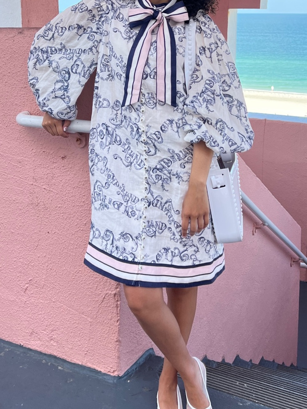 Zimmermann Cream Mini Dress with Navy Scroll Print and Striped Tie-Neck - Picture 11 of 11
